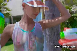 In group sex session teens enjoy cock riding and licking in swimsuit