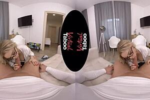 Our teacher fucks her shaved pussy in VR hardcore