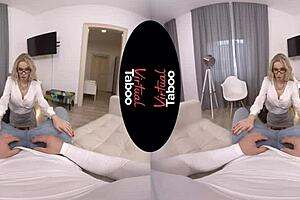 Our teacher fucks her shaved pussy in VR hardcore