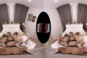 Our teacher fucks her shaved pussy in VR hardcore