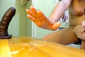Big black bush shemale jerks his cock during masturbation