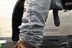 Bear master makes his foot slave suck big cock and swallow cum