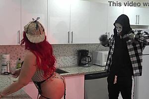 Redhead Mandi may gets poundet by a suspect that has mask of screams