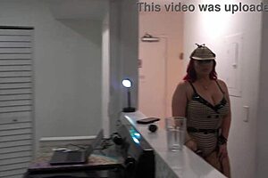 Redhead Mandi may gets poundet by a suspect that has mask of screams