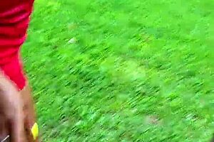Banking: Ebony amateur whore slave wants the master’s pee in the garden and gets her panties pounded