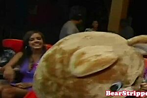 Horny stripper screws party babe's pussy! Bent over for voyeur blowjob.