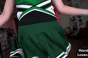 redhead cheerleader babe strokes pov cock with small tits and tattoos