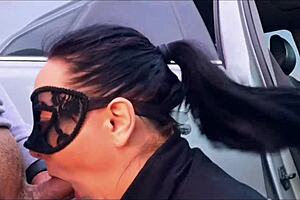 Sloppy deepthroat in car, cum outside