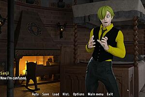 sanji fantasy toon adventure with nami and robin looking super hot in cosplay outfits