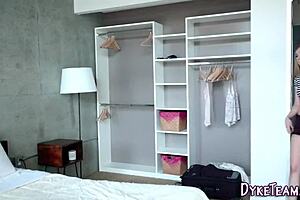 Petite blonde teen 18+ babe feels deep passion using strapon on lesbian lover's ass and small tits with oral