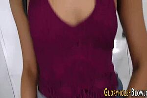 blonde teen 18+ enjoys sucking monster cock with handjob at gloryhole for interracial facial