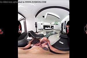 A blonde teen's tattooed workout is captured on vr porn video