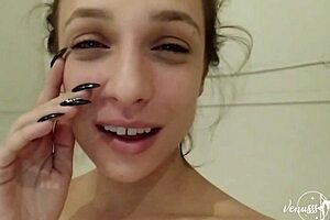 Venus model masturbates solo, getting wet and dripping to friend's sex sounds.