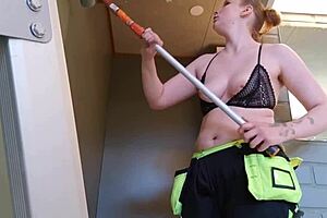 Is this naughty wife flashing her natural tits topless at work?