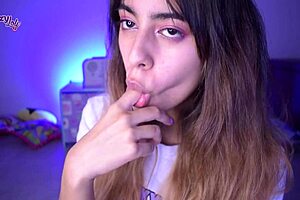 Long tongue licks and sucks fingers with spitting and deepthroat fingering on webcam