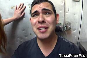 Three pornstars gang up to fuck that lucky bartender hard