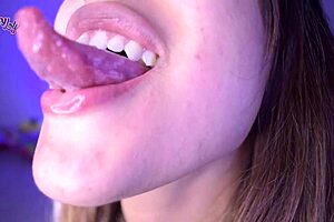 Long tongue licks and sucks fingers with spitting and deepthroat fingering on webcam