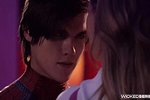 Blake Blossom rides hard in Spidey pool parody scene, deepthroating and cowgirling.