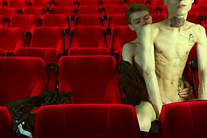 Cinema hall threesome features 2 tops dominating 1 bottom 😈