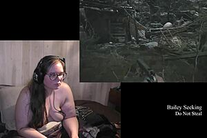 The brunette bbw plays Resident Evil naked on the ranch
