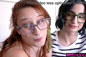 Three horny nerdy girls each get a chance for a big cock blowjob