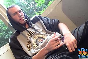 Thug takes smoke outdoors and relaxes