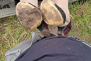 lush blonde gives very dirty foot-shoejob outdoor