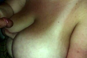 Wife strokes my cock slowly, natural tits out