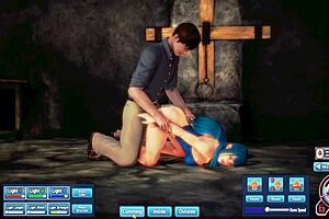 blue haired beauty touches herself in hentai style