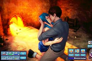 blue haired beauty touches herself in hentai style