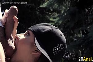 Petite European babe gets ass fucked outdoors, cum on ass