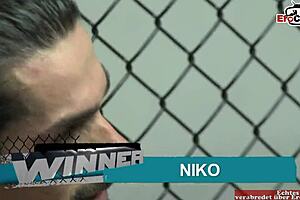 brunette girl with natural tits wins the fight prize