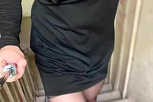 girl in crossdressing outfit exposes herself in office hallway