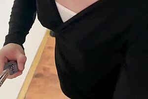 girl in crossdressing outfit exposes herself in office hallway