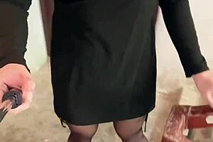 girl in crossdressing outfit exposes herself in office hallway