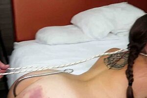 busty milf bent over for double penetration with nipple clamps