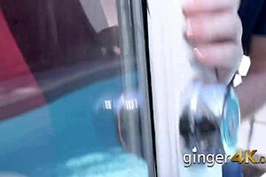 Edyns pussy gets penetrated deeply in doggystyle, redhead babe bent over for teen pornstar action.