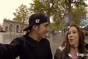 Redhead tourist gets bent over for a blowjob and doggystyle fuck in Madrid park