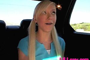 Lil Lexy masturbates in the car back seat, fingering her petite pussy.