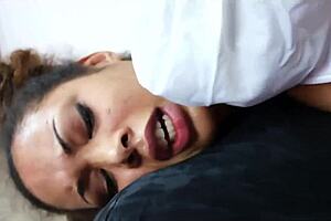 Dirty talking black step daughter fucks white cock hard