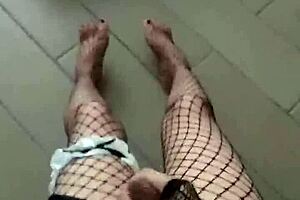 Shemale cums with stockings on