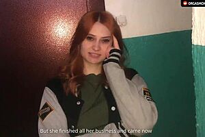 redhead girl gives deepthroat in the stairwell with parents nearby