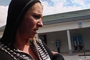 The blonde babe with small tits rides the cock cowgirl style, making them quiver.