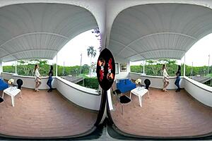 Virtual reality threesome featuring two attractive latinas in immersive experience