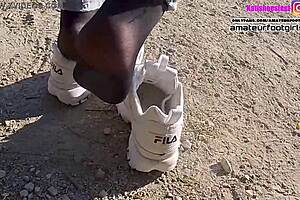 Nylon feet pretty sexy fila disruptor shoeplay nylon feet and crush trample girl plays with her sweaty fila sneakers and shows her stinky wet nylons sweaty stinky fila