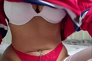 canadian slut teases with hockey stick self-fuck