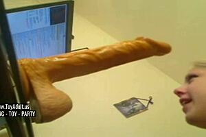 Blonde deep throats huge dildo 😍