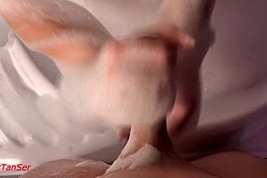 pretty woman enjoys steamy jacuzzi foam sex and blowjob