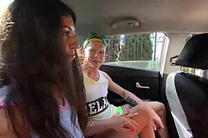 four feminists convince the girl to take their cocks in her holes and cum inside