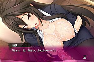 In this bukkake hentai game, the girl gets covered in cum while masturbating.